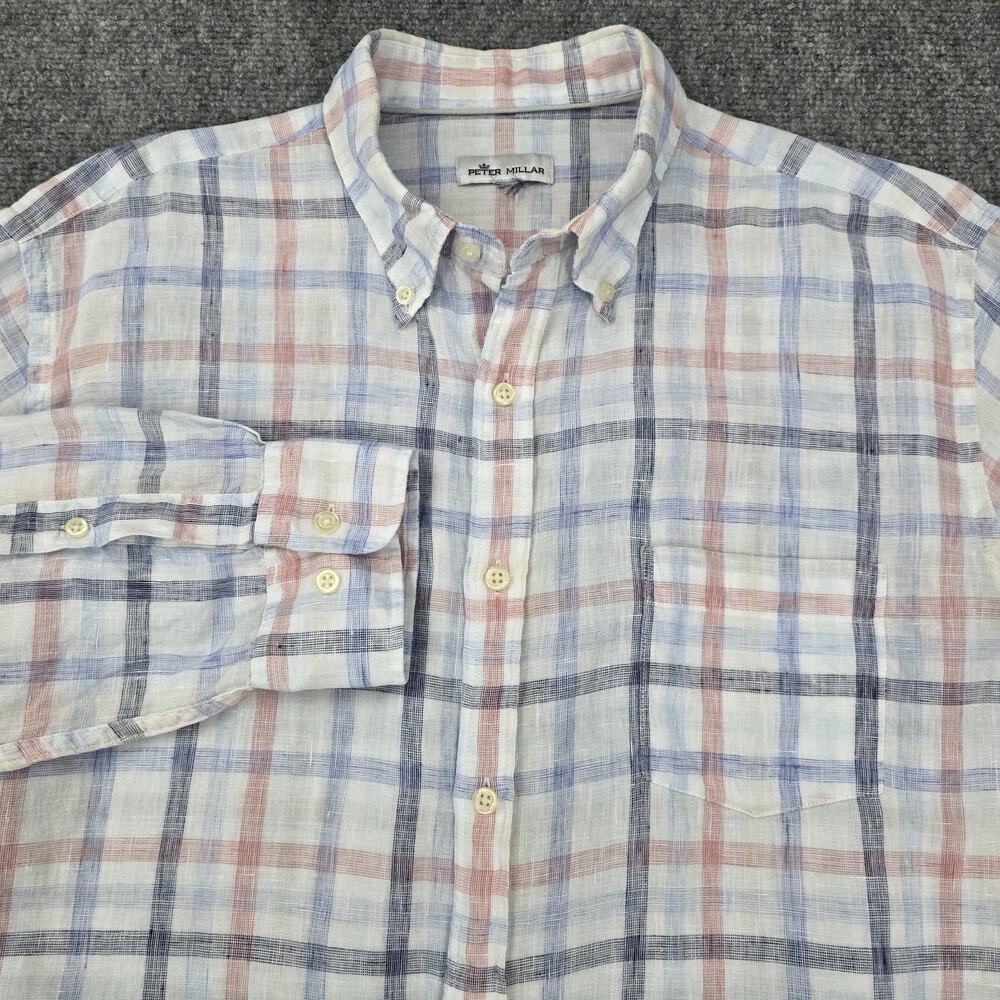 Peter Millar Shirt Mens Large Blue Red Plaid Linen Button Up Long Sleeve Casual